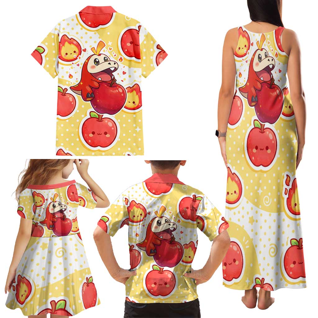 Fuecoco Family Matching Tank Maxi Dress and Hawaiian Shirt Kawaii Apple Flame Pop Art