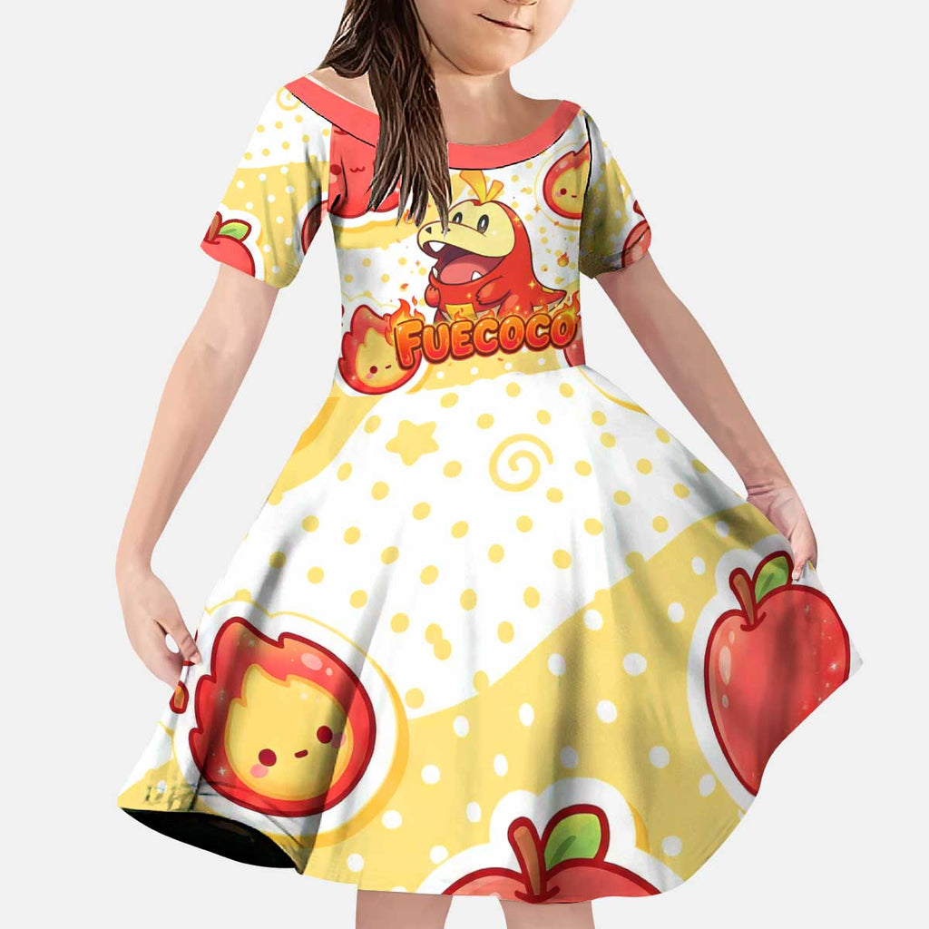 Fuecoco Kid Short Sleeve Dress Kawaii Apple Flame Pop Art