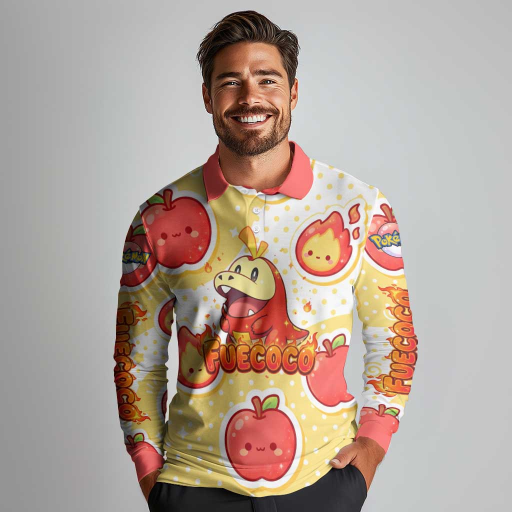 Fuecoco Long Sleeve Polo Shirt Kawaii Apple Flame Pop Art