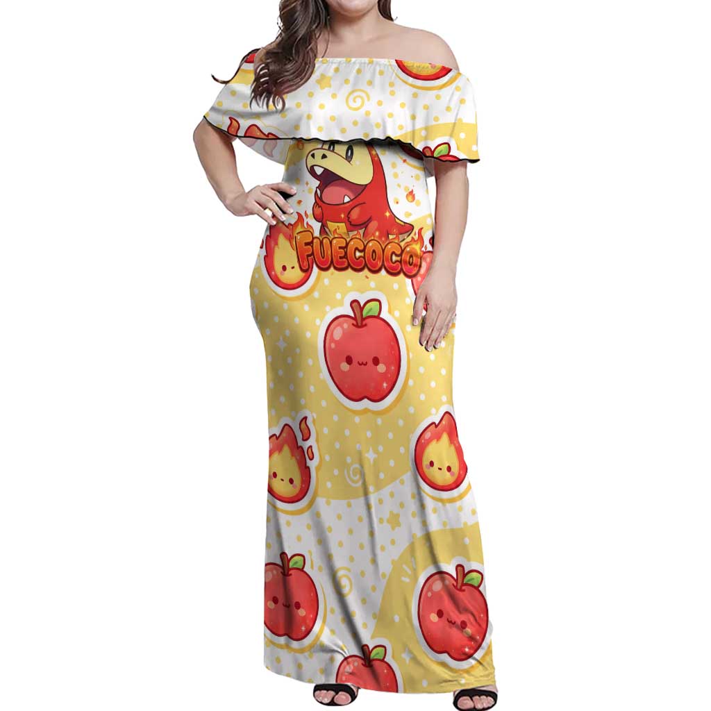 Fuecoco Off Shoulder Maxi Dress Kawaii Apple Flame Pop Art