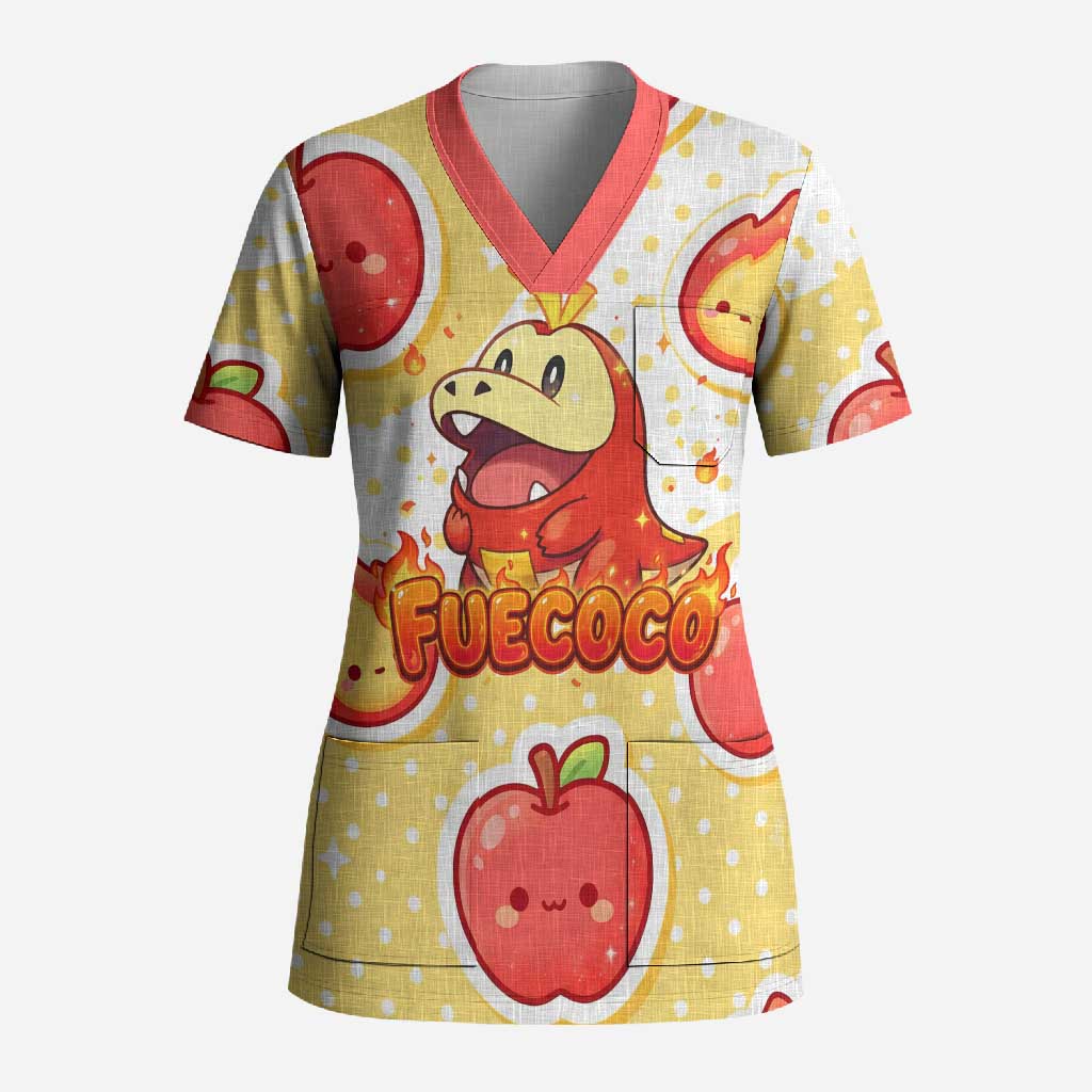 Fuecoco Scrub Top Kawaii Apple Flame Pop Art