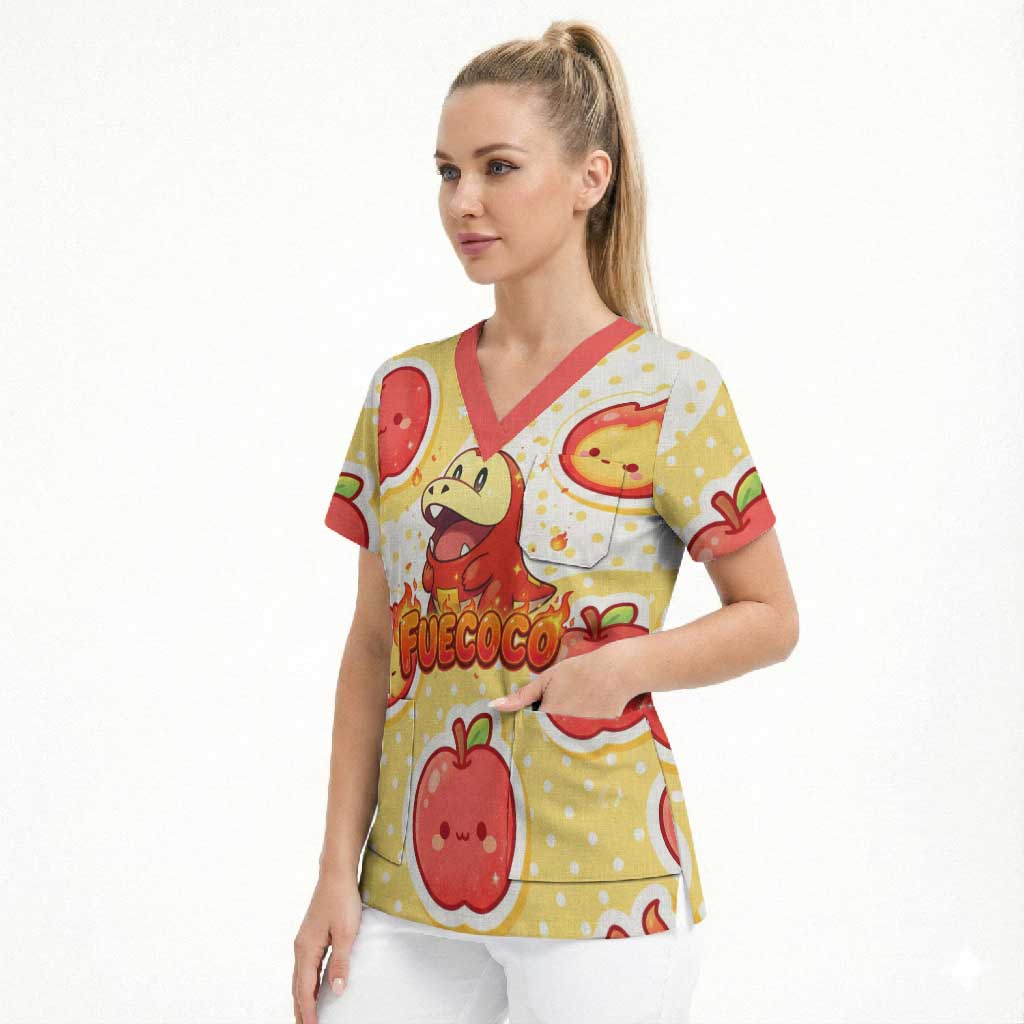 Fuecoco Scrub Top Kawaii Apple Flame Pop Art
