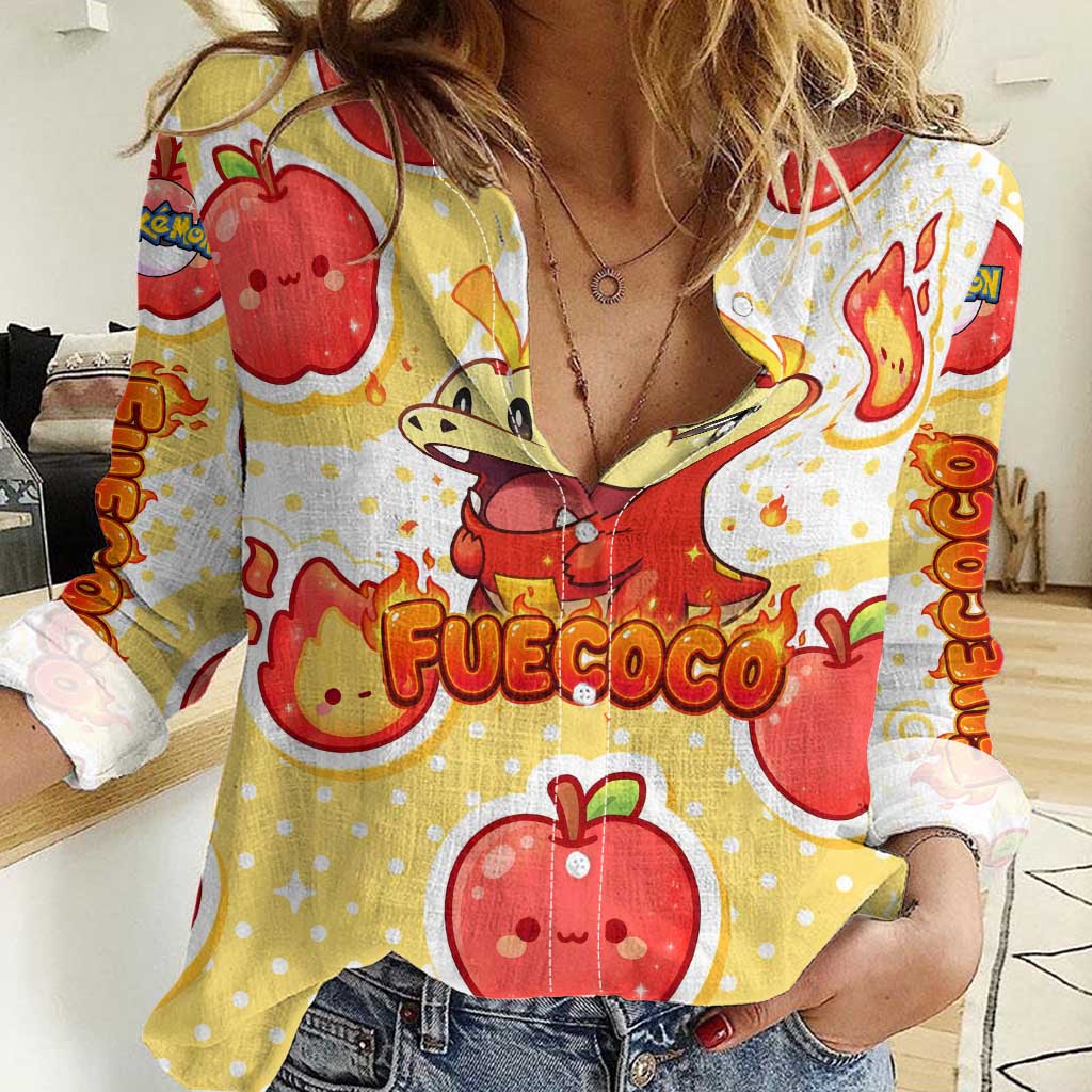 Fuecoco Women Casual Shirt Kawaii Apple Flame Pop Art