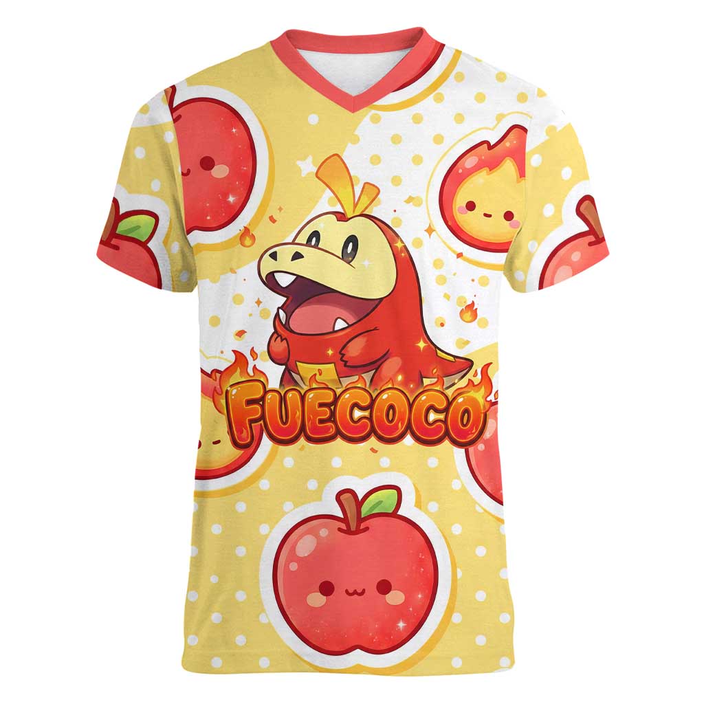 Fuecoco Women V-Neck T-Shirt Kawaii Apple Flame Pop Art