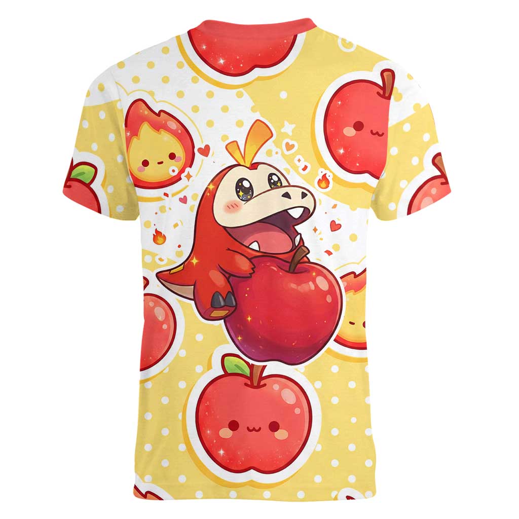 Fuecoco Women V-Neck T-Shirt Kawaii Apple Flame Pop Art