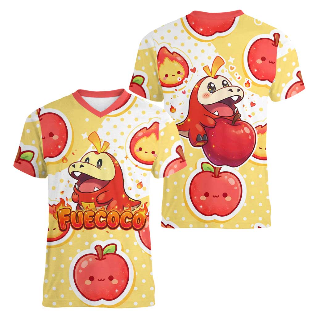 Fuecoco Women V-Neck T-Shirt Kawaii Apple Flame Pop Art