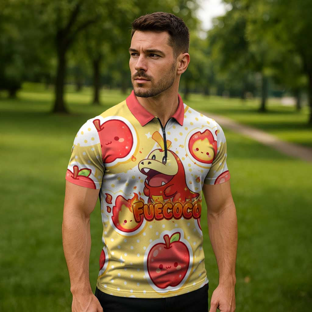 Fuecoco Zipper Polo Shirt Kawaii Apple Flame Pop Art