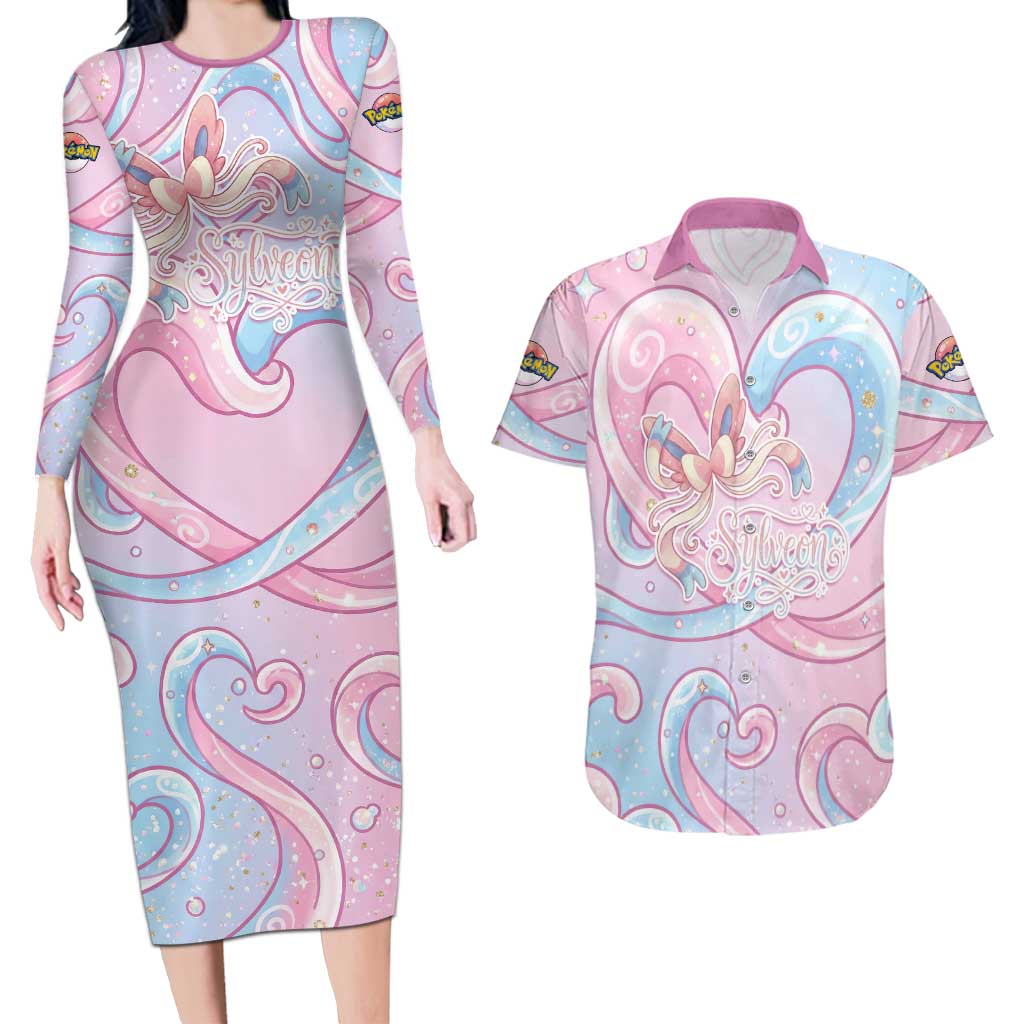 Sylveon Couples Matching Long Sleeve Bodycon Dress and Hawaiian Shirt Magical Pastel Heart Ribbon Art