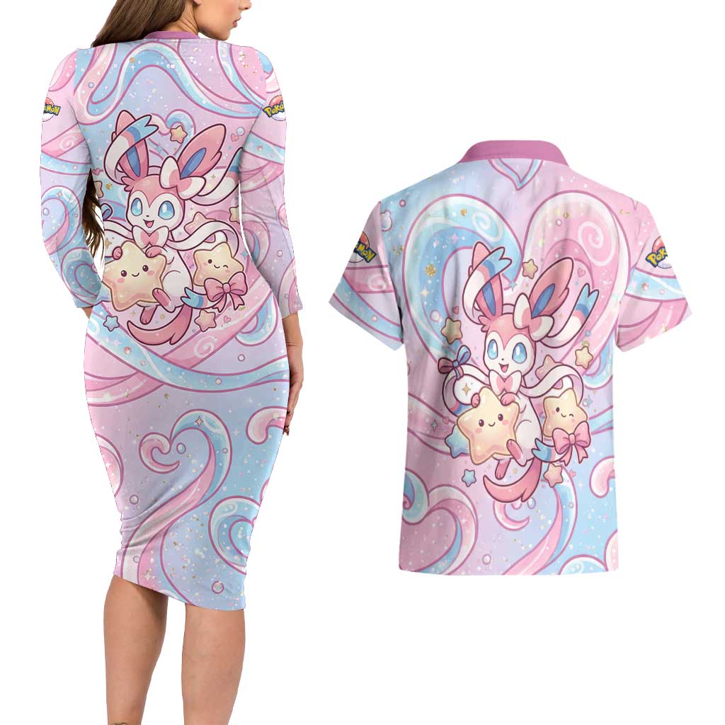 Sylveon Couples Matching Long Sleeve Bodycon Dress and Hawaiian Shirt Magical Pastel Heart Ribbon Art