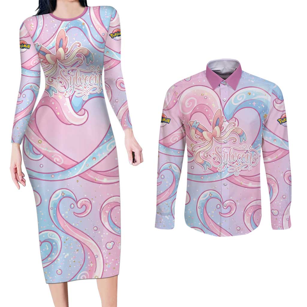 Sylveon Couples Matching Long Sleeve Bodycon Dress and Long Sleeve Button Shirt Magical Pastel Heart Ribbon Art