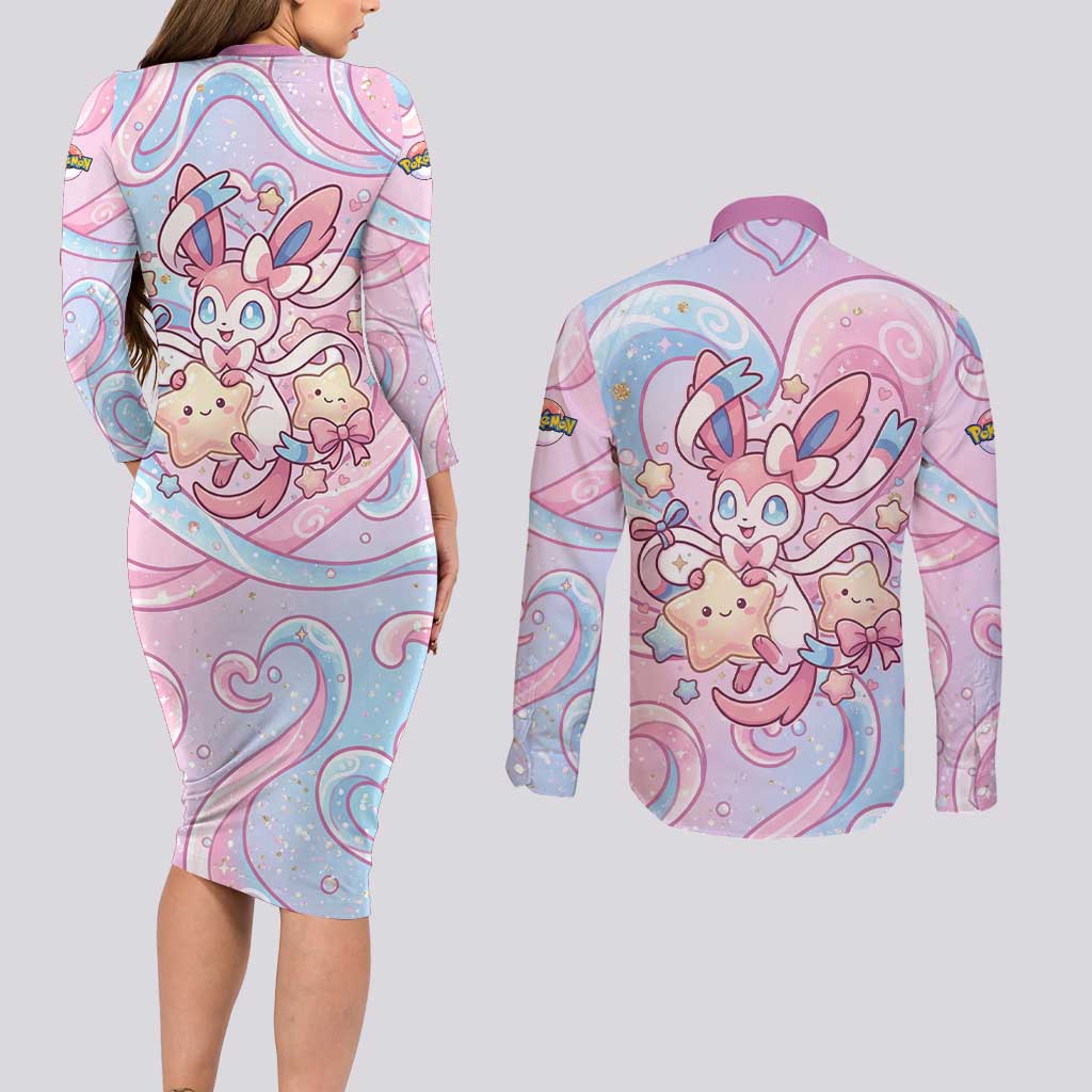Sylveon Couples Matching Long Sleeve Bodycon Dress and Long Sleeve Button Shirt Magical Pastel Heart Ribbon Art