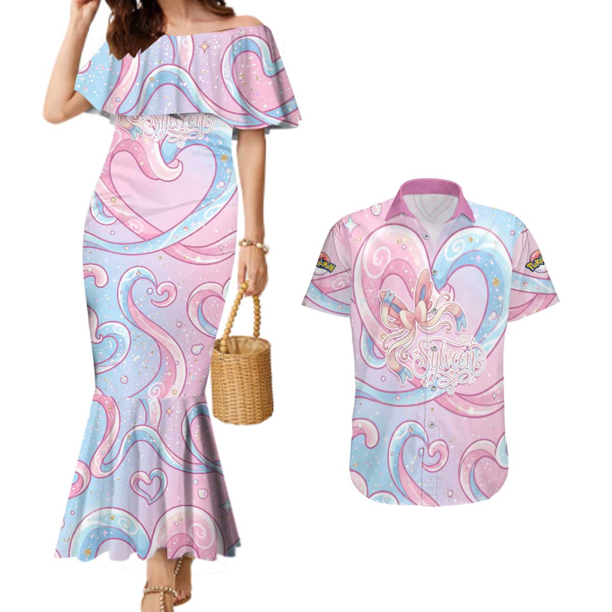 Sylveon Couples Matching Mermaid Dress and Hawaiian Shirt Magical Pastel Heart Ribbon Art