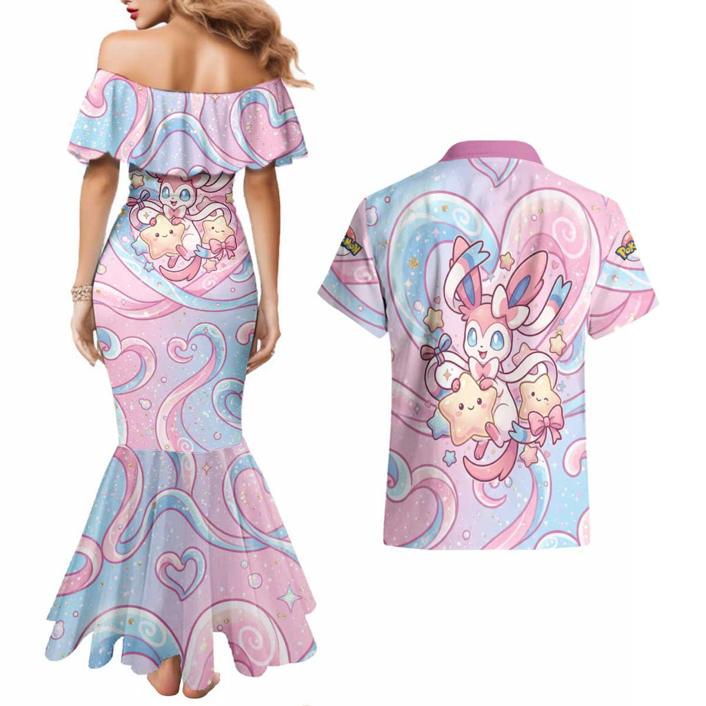 Sylveon Couples Matching Mermaid Dress and Hawaiian Shirt Magical Pastel Heart Ribbon Art