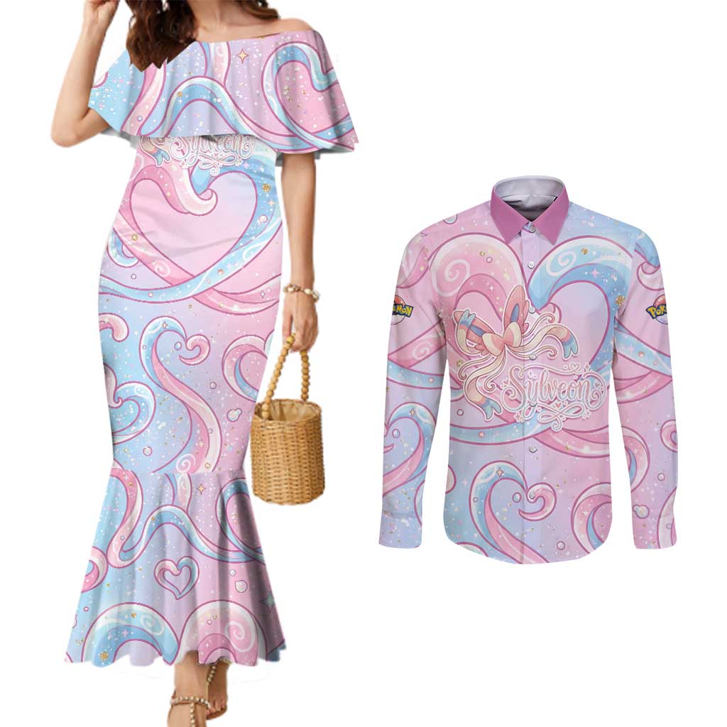 Sylveon Couples Matching Mermaid Dress and Long Sleeve Button Shirt Magical Pastel Heart Ribbon Art