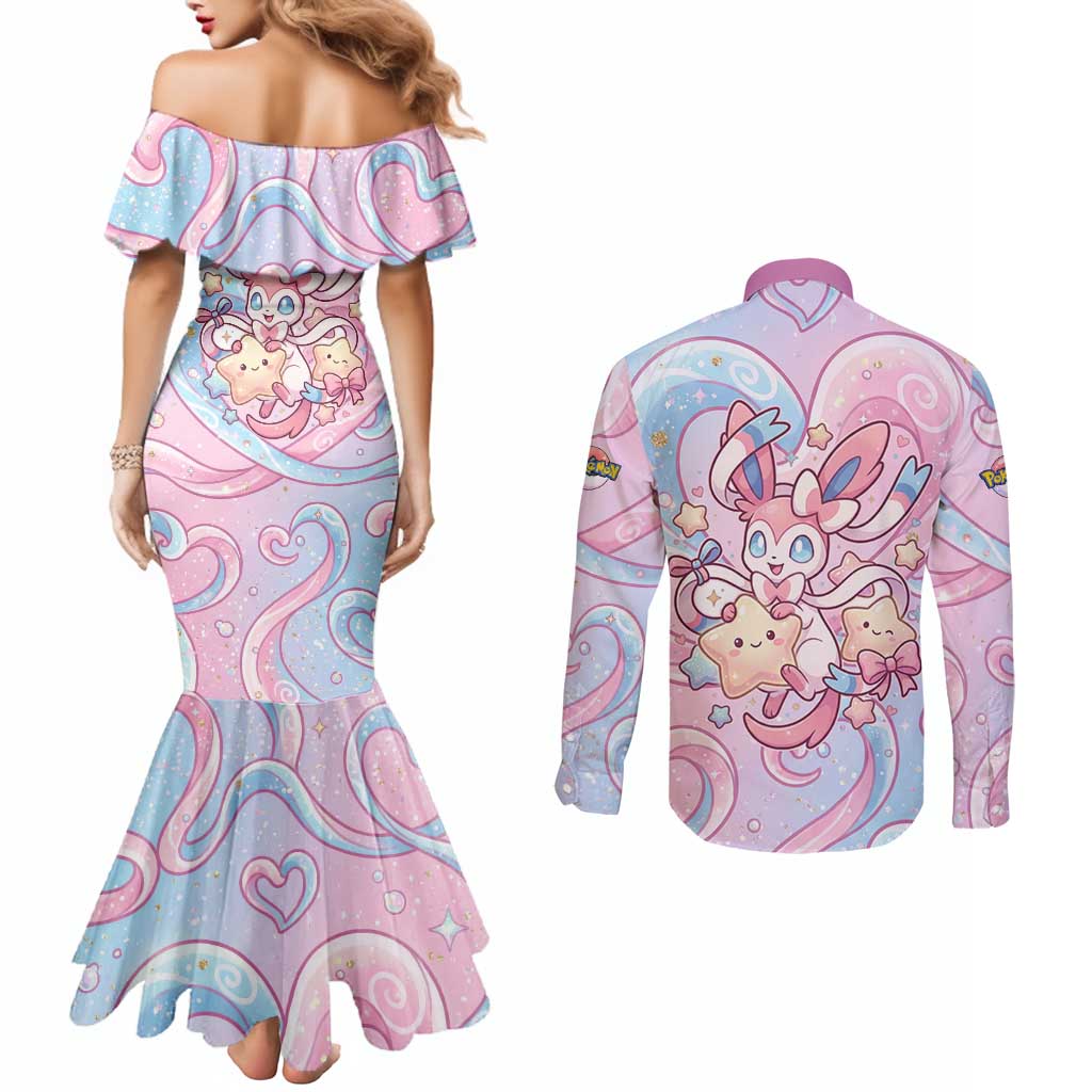 Sylveon Couples Matching Mermaid Dress and Long Sleeve Button Shirt Magical Pastel Heart Ribbon Art