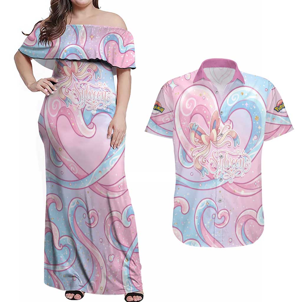 Sylveon Couples Matching Off Shoulder Maxi Dress and Hawaiian Shirt Magical Pastel Heart Ribbon Art