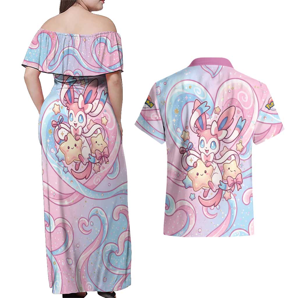 Sylveon Couples Matching Off Shoulder Maxi Dress and Hawaiian Shirt Magical Pastel Heart Ribbon Art