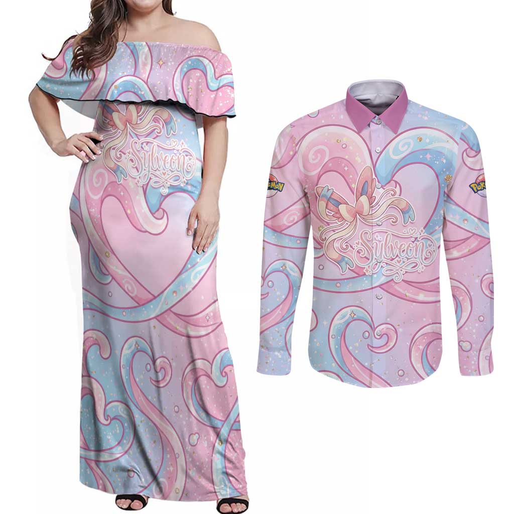 Sylveon Couples Matching Off Shoulder Maxi Dress and Long Sleeve Button Shirt Magical Pastel Heart Ribbon Art