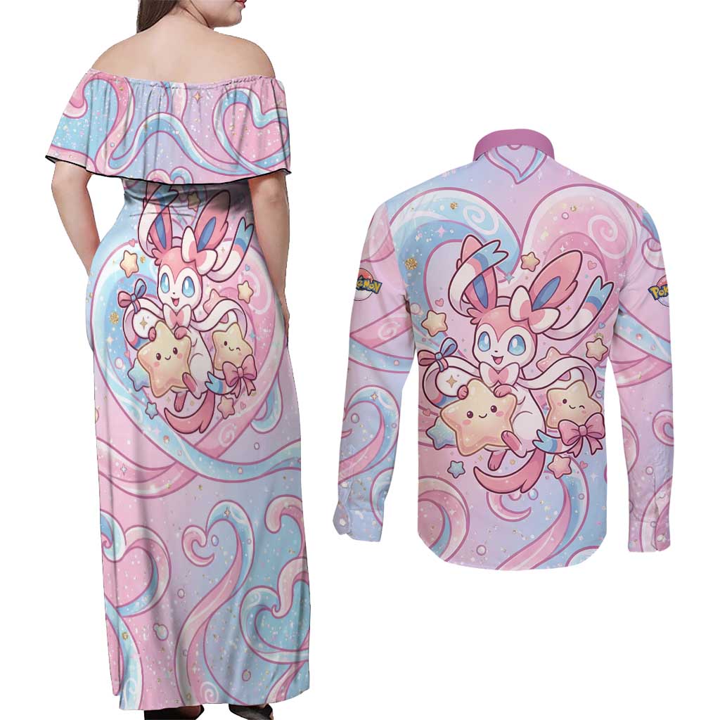 Sylveon Couples Matching Off Shoulder Maxi Dress and Long Sleeve Button Shirt Magical Pastel Heart Ribbon Art