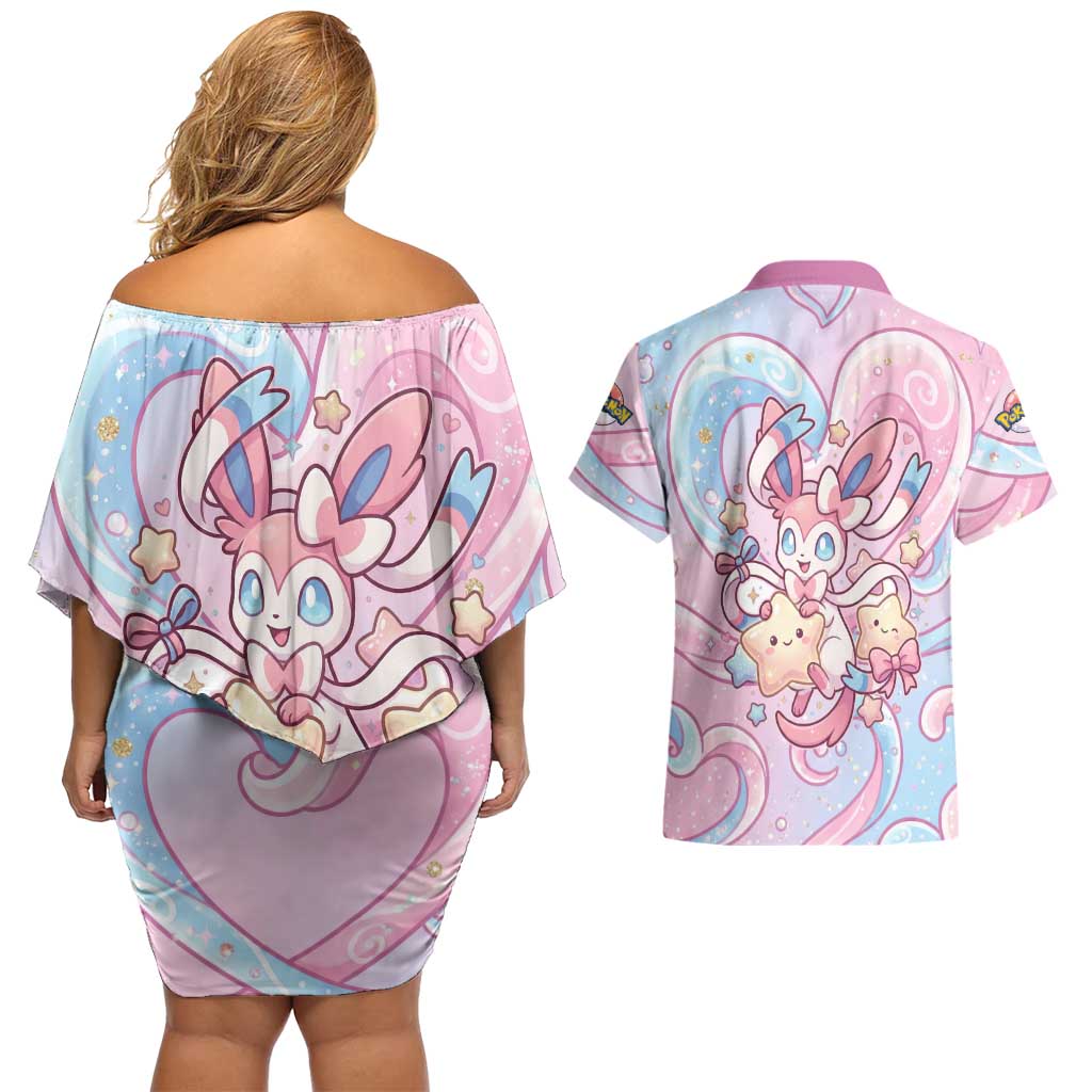 Sylveon Couples Matching Off Shoulder Short Dress and Hawaiian Shirt Magical Pastel Heart Ribbon Art