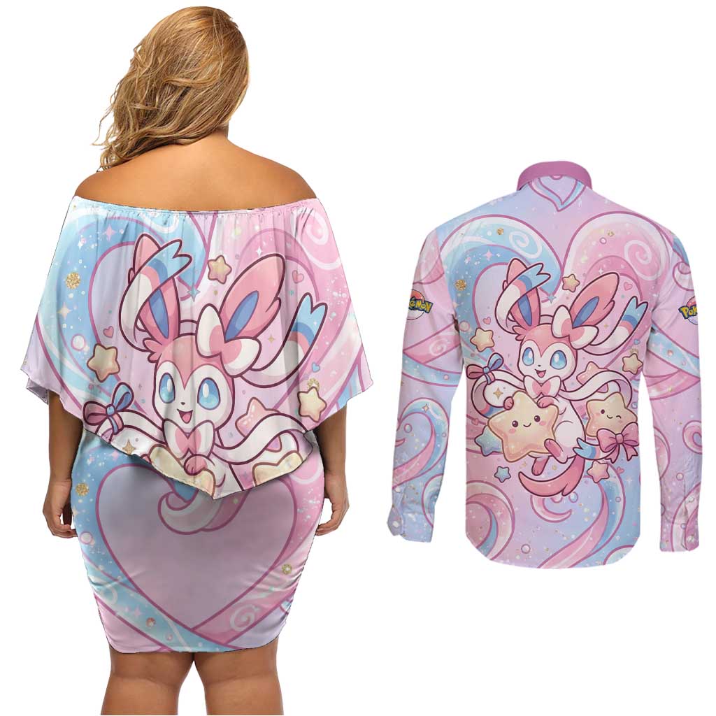 Sylveon Couples Matching Off Shoulder Short Dress and Long Sleeve Button Shirt Magical Pastel Heart Ribbon Art