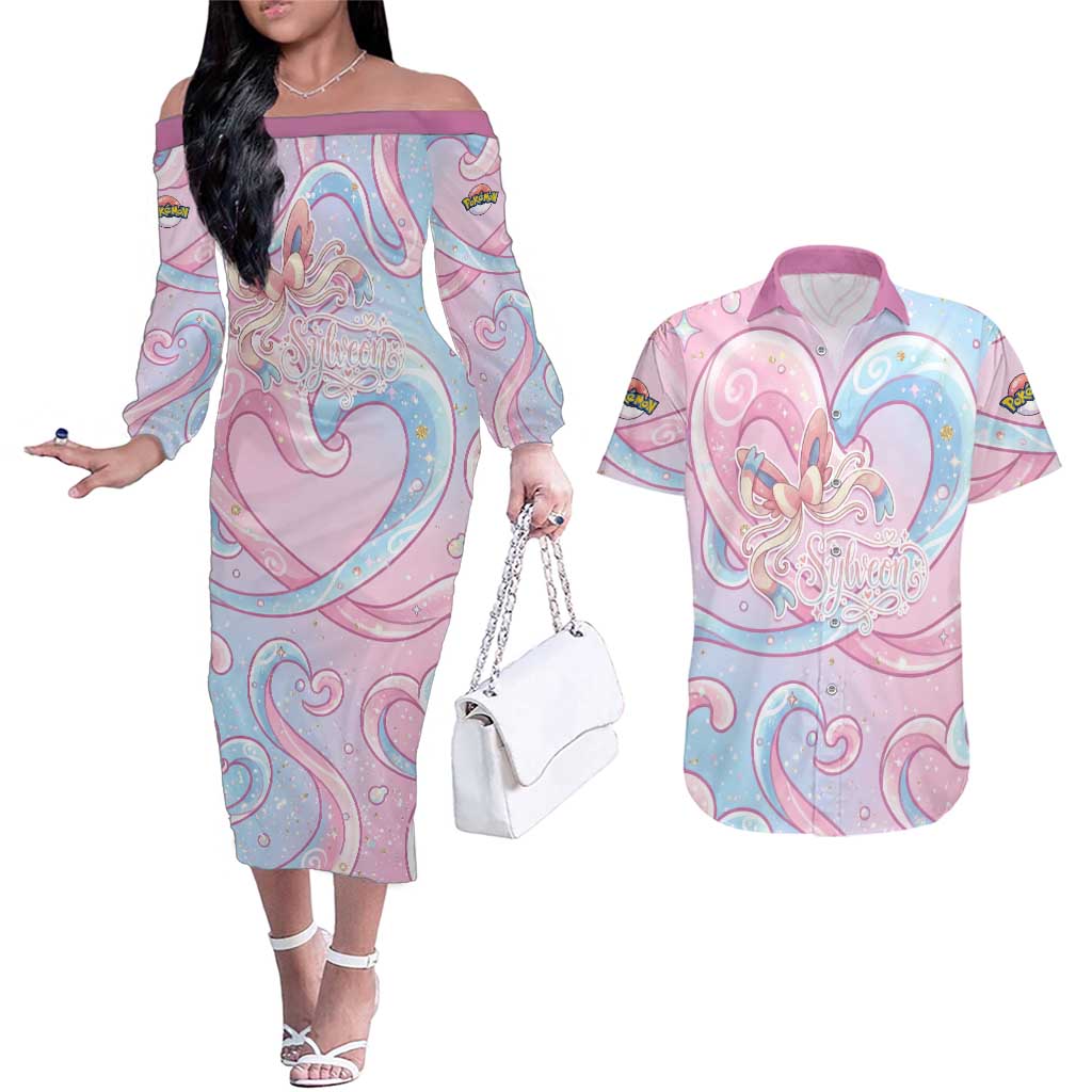 Sylveon Couples Matching Off The Shoulder Long Sleeve Dress and Hawaiian Shirt Magical Pastel Heart Ribbon Art