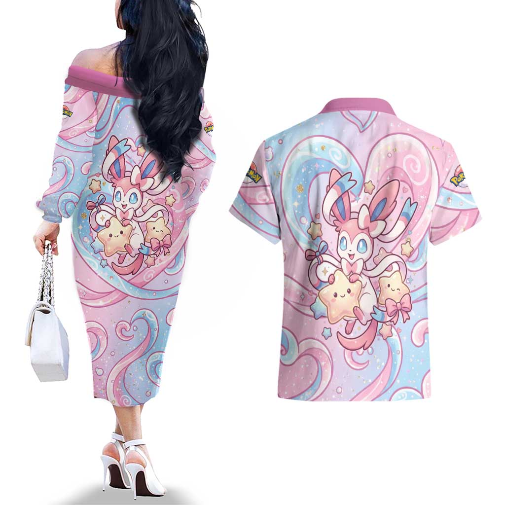 Sylveon Couples Matching Off The Shoulder Long Sleeve Dress and Hawaiian Shirt Magical Pastel Heart Ribbon Art