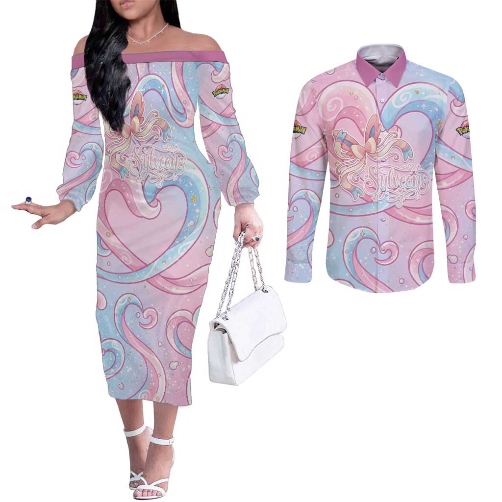 Sylveon Couples Matching Off The Shoulder Long Sleeve Dress and Long Sleeve Button Shirt Magical Pastel Heart Ribbon Art