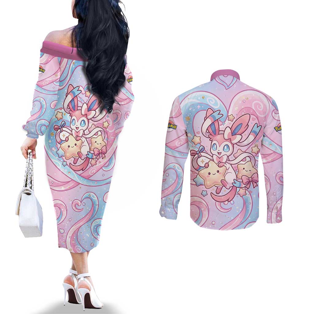 Sylveon Couples Matching Off The Shoulder Long Sleeve Dress and Long Sleeve Button Shirt Magical Pastel Heart Ribbon Art