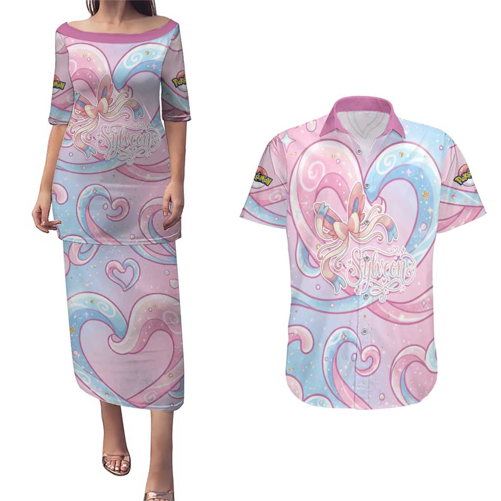 Sylveon Couples Matching Puletasi and Hawaiian Shirt Magical Pastel Heart Ribbon Art