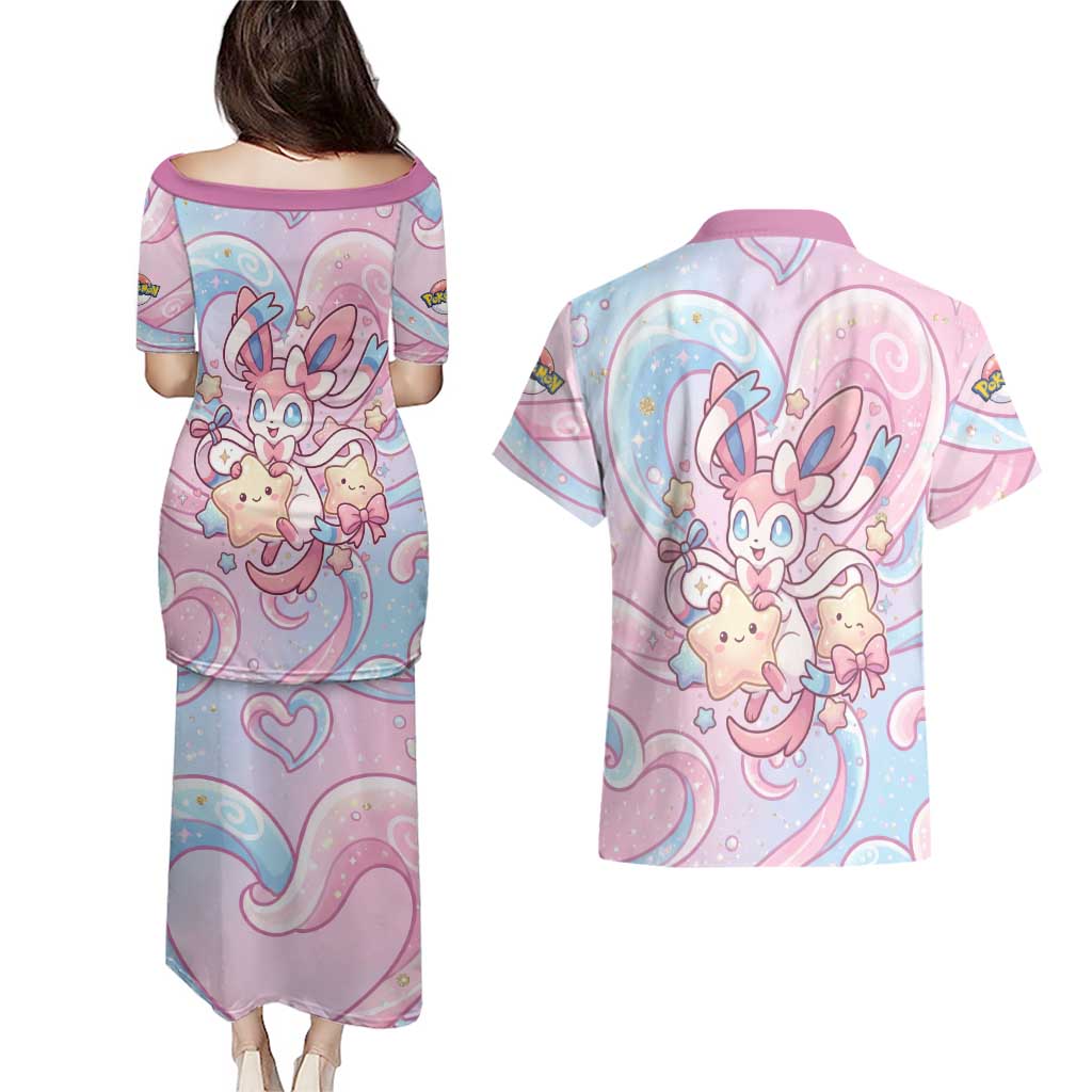 Sylveon Couples Matching Puletasi and Hawaiian Shirt Magical Pastel Heart Ribbon Art