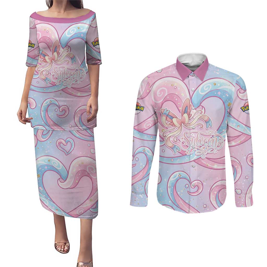 Sylveon Couples Matching Puletasi and Long Sleeve Button Shirt Magical Pastel Heart Ribbon Art