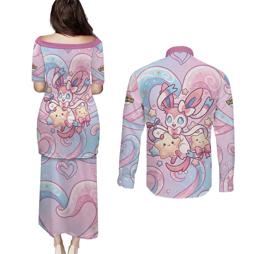 Sylveon Couples Matching Puletasi and Long Sleeve Button Shirt Magical Pastel Heart Ribbon Art