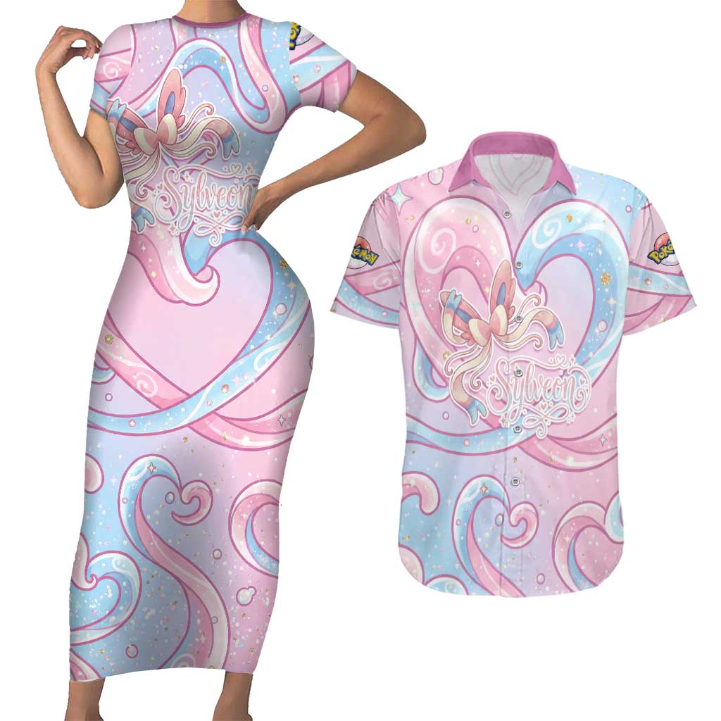 Sylveon Couples Matching Short Sleeve Bodycon Dress and Hawaiian Shirt Magical Pastel Heart Ribbon Art