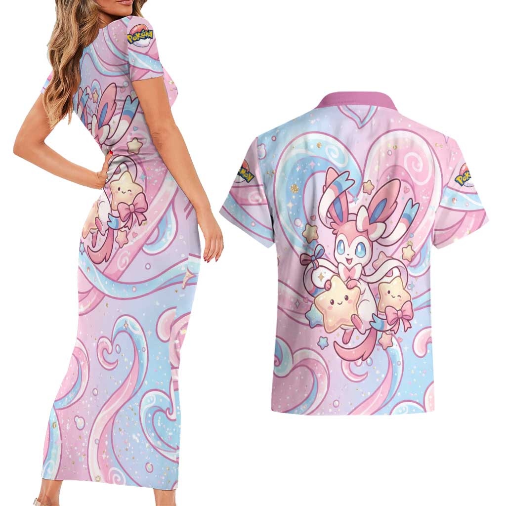 Sylveon Couples Matching Short Sleeve Bodycon Dress and Hawaiian Shirt Magical Pastel Heart Ribbon Art