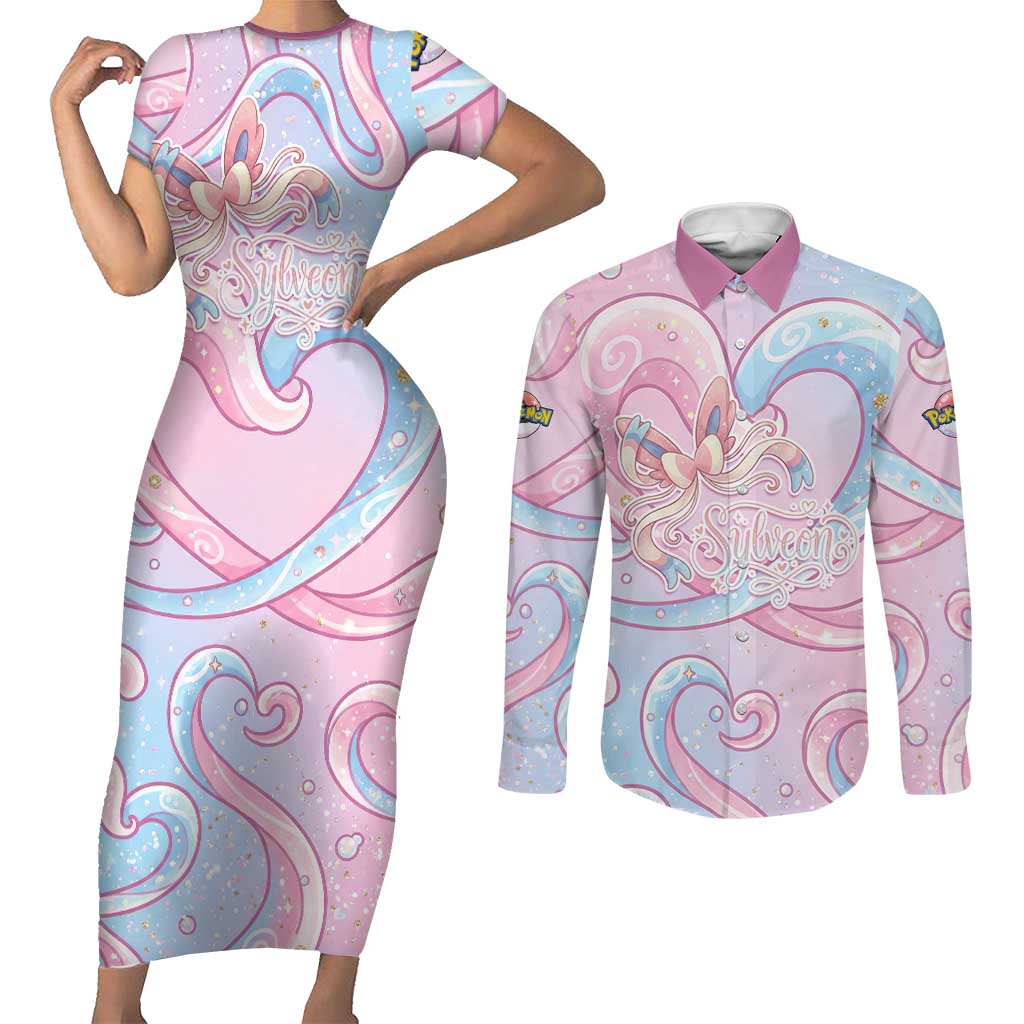 Sylveon Couples Matching Short Sleeve Bodycon Dress and Long Sleeve Button Shirt Magical Pastel Heart Ribbon Art