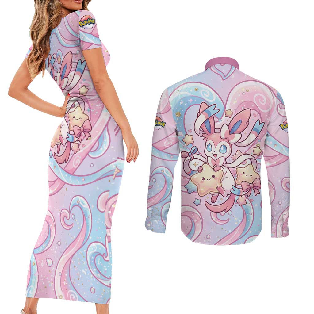 Sylveon Couples Matching Short Sleeve Bodycon Dress and Long Sleeve Button Shirt Magical Pastel Heart Ribbon Art