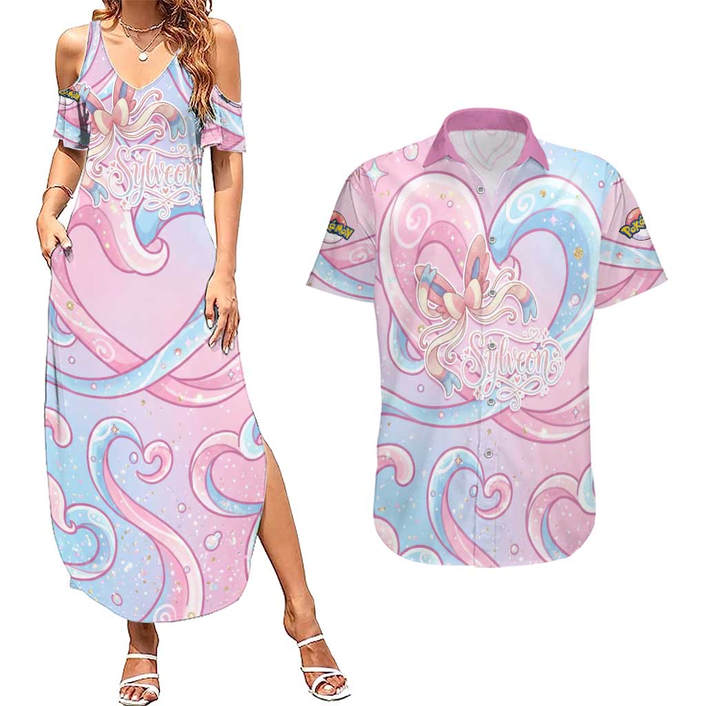 Sylveon Couples Matching Summer Maxi Dress and Hawaiian Shirt Magical Pastel Heart Ribbon Art