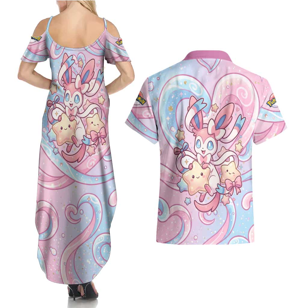 Sylveon Couples Matching Summer Maxi Dress and Hawaiian Shirt Magical Pastel Heart Ribbon Art