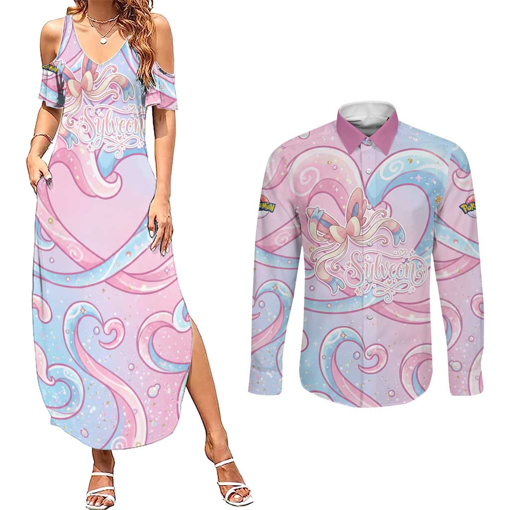 Sylveon Couples Matching Summer Maxi Dress and Long Sleeve Button Shirt Magical Pastel Heart Ribbon Art