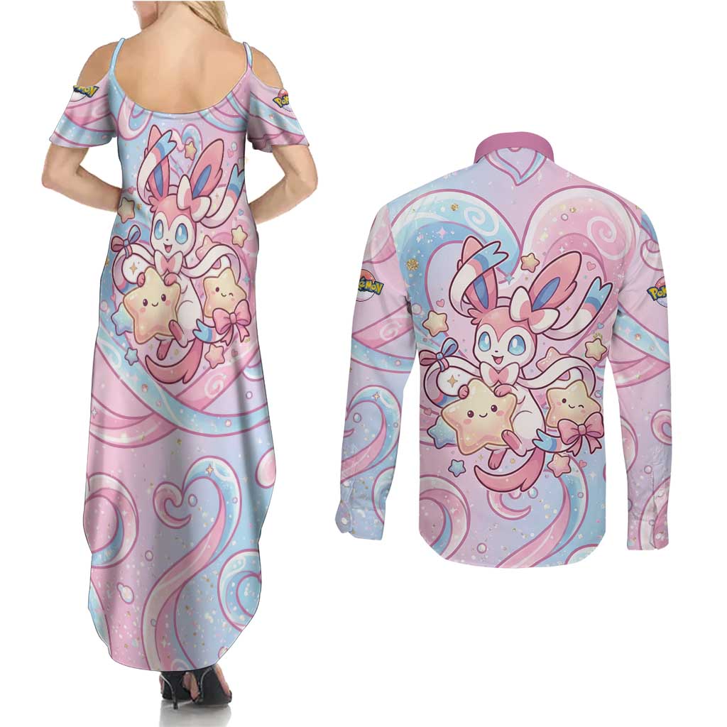 Sylveon Couples Matching Summer Maxi Dress and Long Sleeve Button Shirt Magical Pastel Heart Ribbon Art