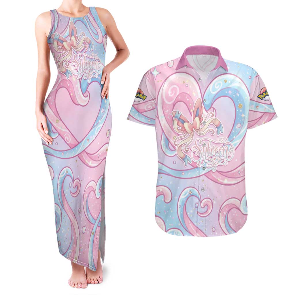Sylveon Couples Matching Tank Maxi Dress and Hawaiian Shirt Magical Pastel Heart Ribbon Art