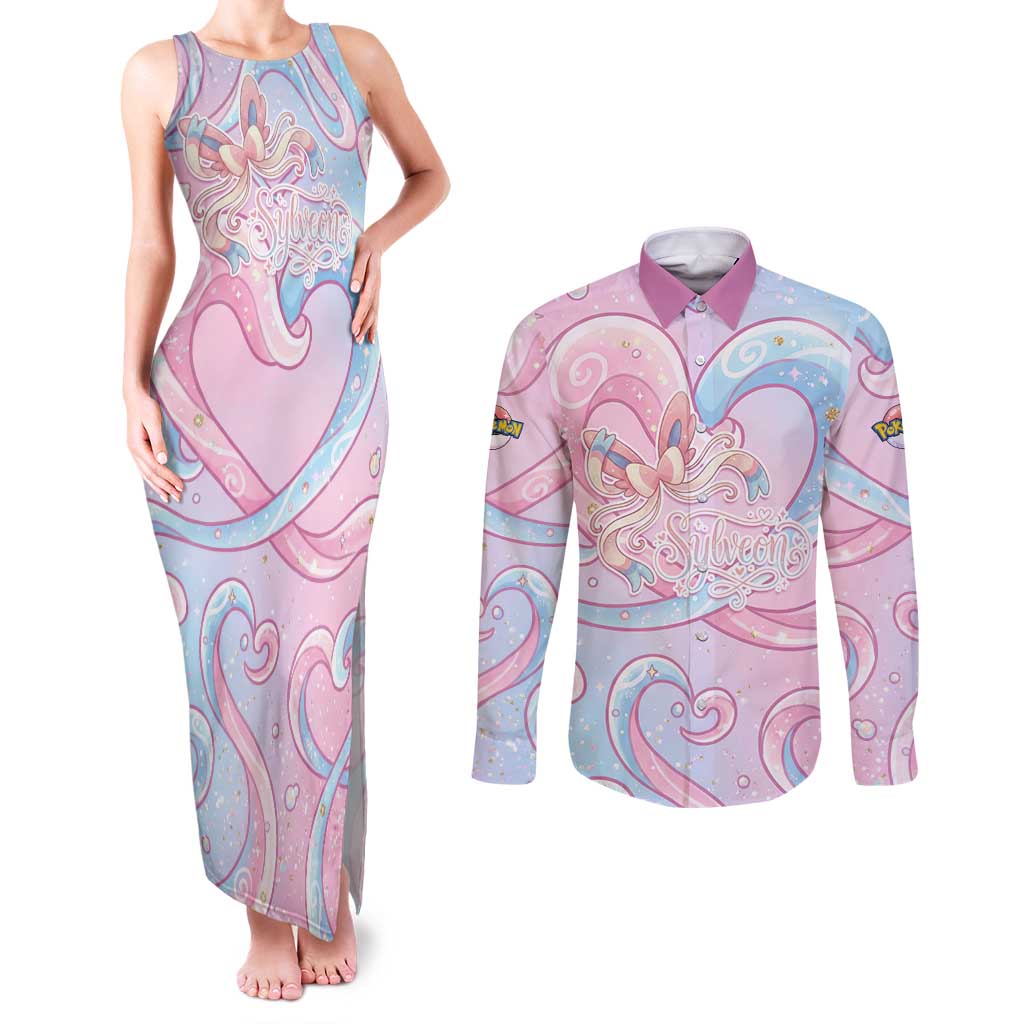 Sylveon Couples Matching Tank Maxi Dress and Long Sleeve Button Shirt Magical Pastel Heart Ribbon Art