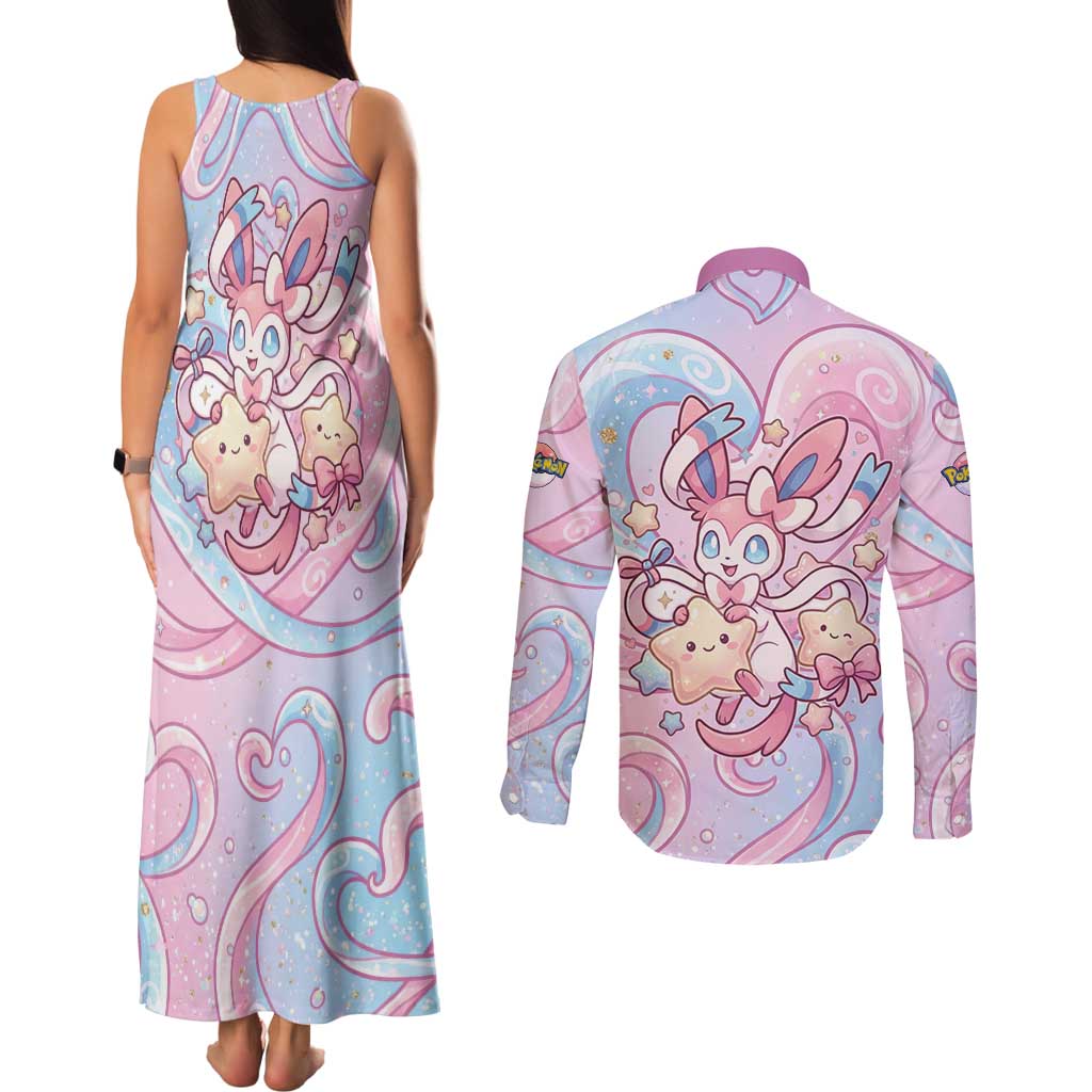 Sylveon Couples Matching Tank Maxi Dress and Long Sleeve Button Shirt Magical Pastel Heart Ribbon Art