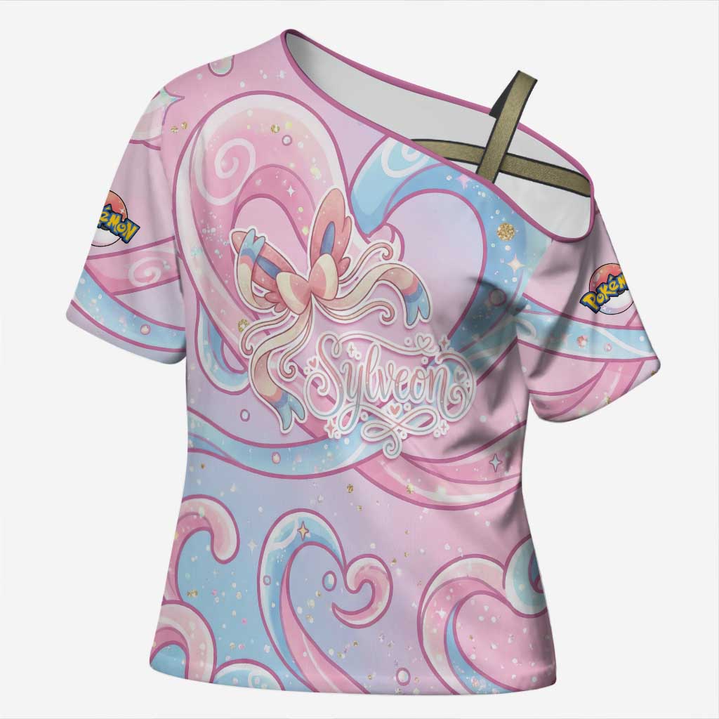 Sylveon Cross Shoulder Shirt Magical Pastel Heart Ribbon Art