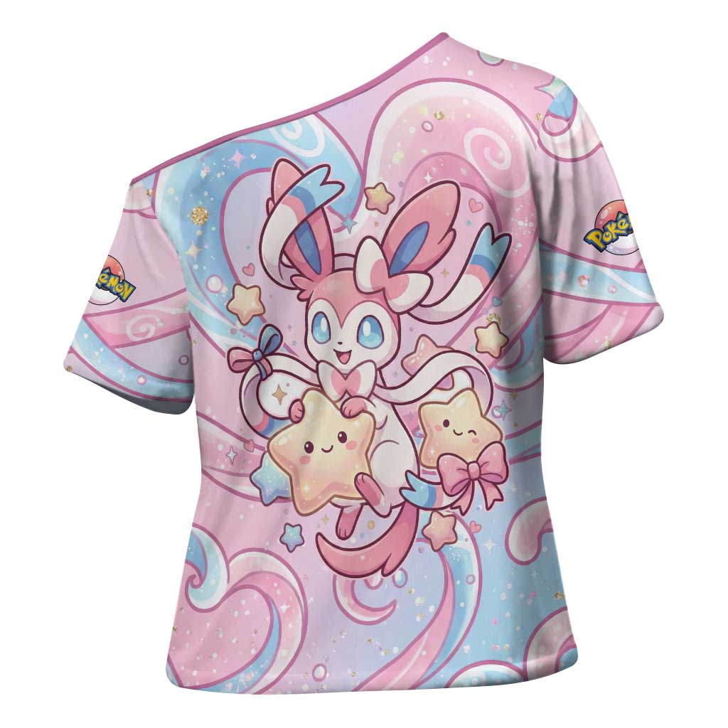 Sylveon Cross Shoulder Shirt Magical Pastel Heart Ribbon Art
