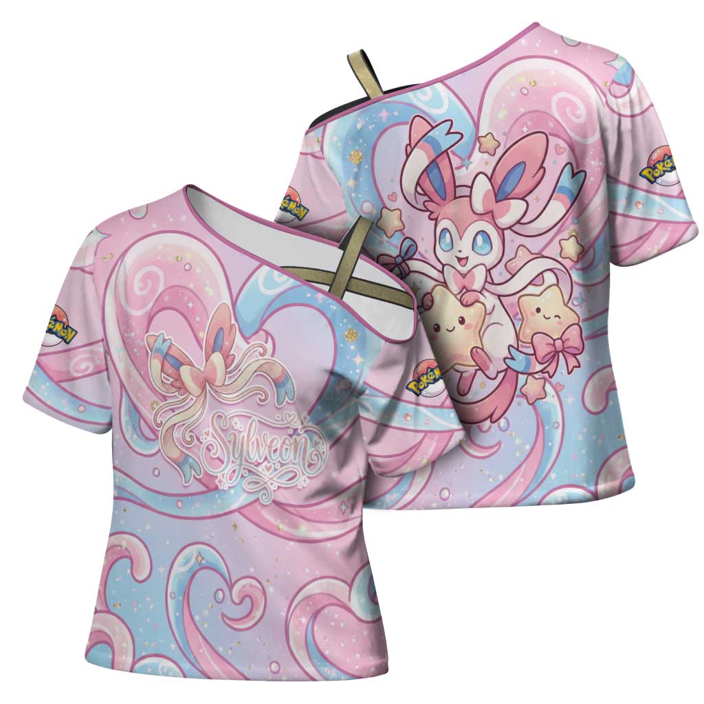 Sylveon Cross Shoulder Shirt Magical Pastel Heart Ribbon Art