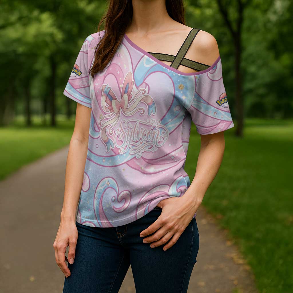 Sylveon Cross Shoulder Shirt Magical Pastel Heart Ribbon Art