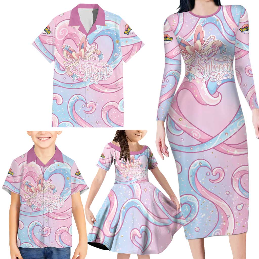 Sylveon Family Matching Long Sleeve Bodycon Dress and Hawaiian Shirt Magical Pastel Heart Ribbon Art