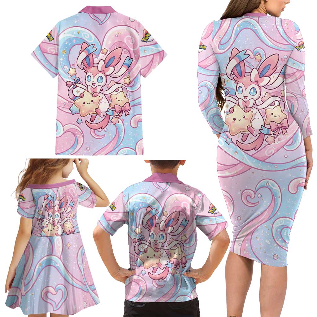 Sylveon Family Matching Long Sleeve Bodycon Dress and Hawaiian Shirt Magical Pastel Heart Ribbon Art